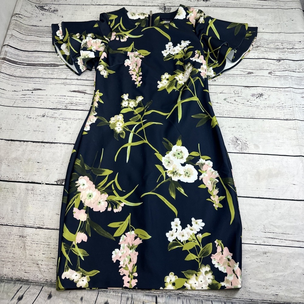 Tommy Hilfiger Dress Womens 6 Blue Pink White Floral Tiered Ruffle Sleeve A-Line